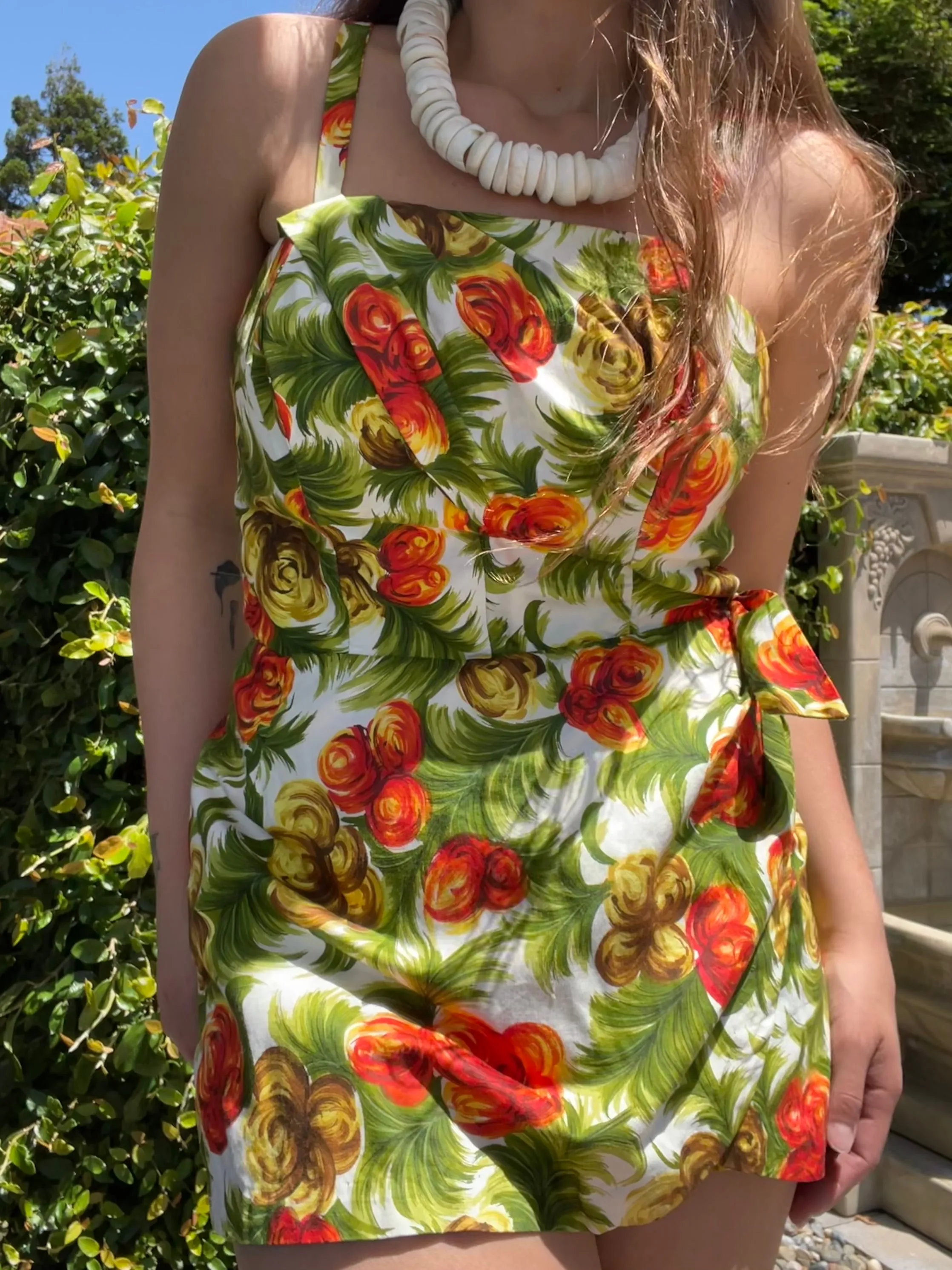 1950s Hawaiian Floral Print Cotton Sarong Style Playsuit