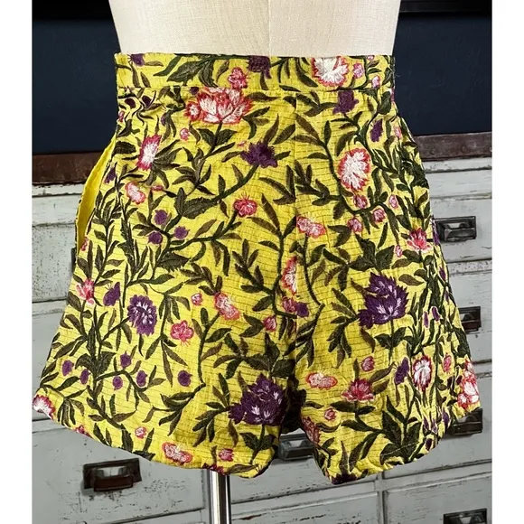 Anthropologie La Fuori Yellow Floral Embroidered Shorts XS