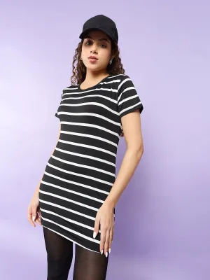 Black Longline Tee with White Stripes