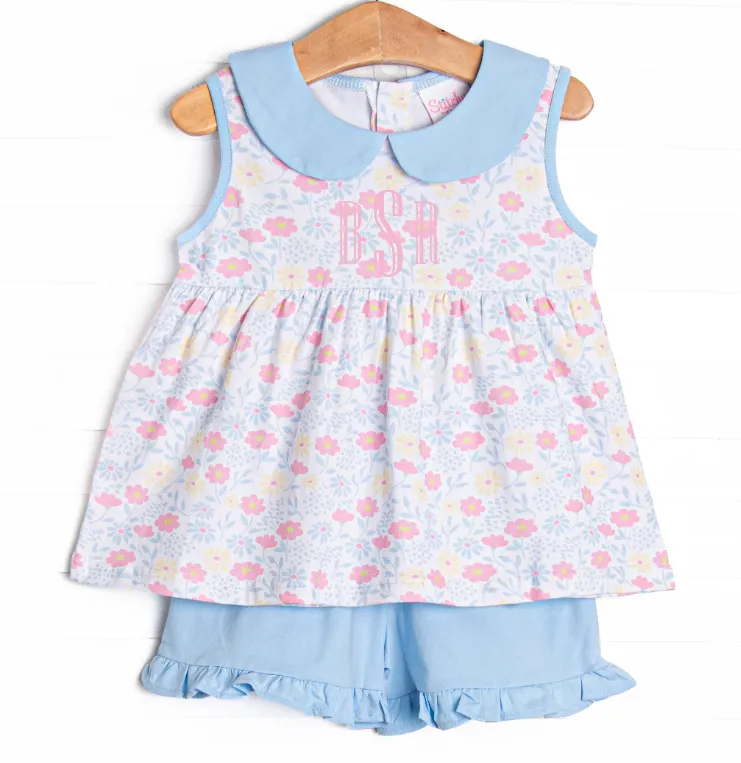 Blooms in the Breeze Ruffle Short Set, Blue
