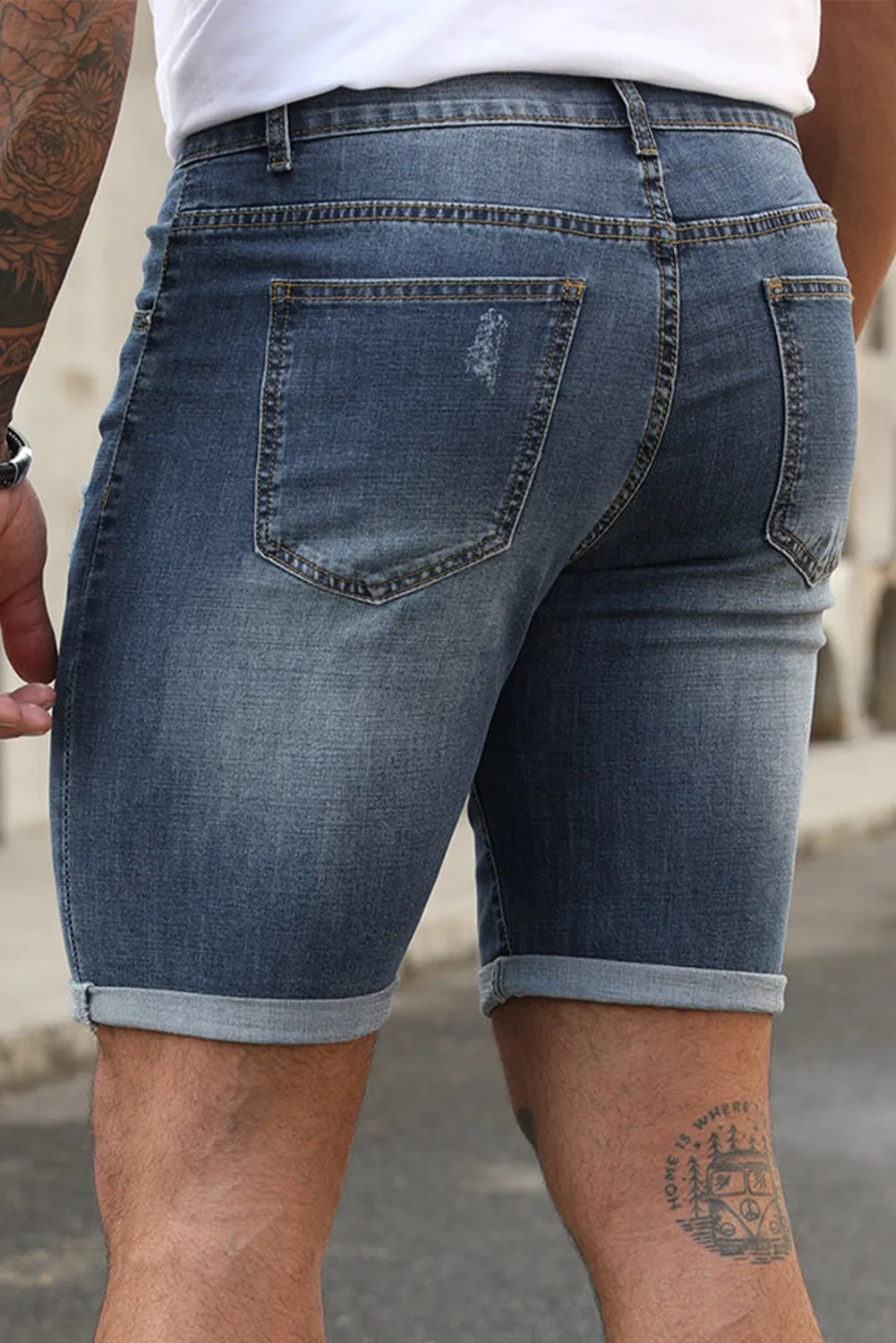 Blue Faith Over Fear Cross Print Distressed Men's Denim Shorts