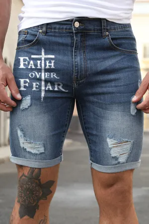 Blue Faith Over Fear Cross Print Distressed Men's Denim Shorts