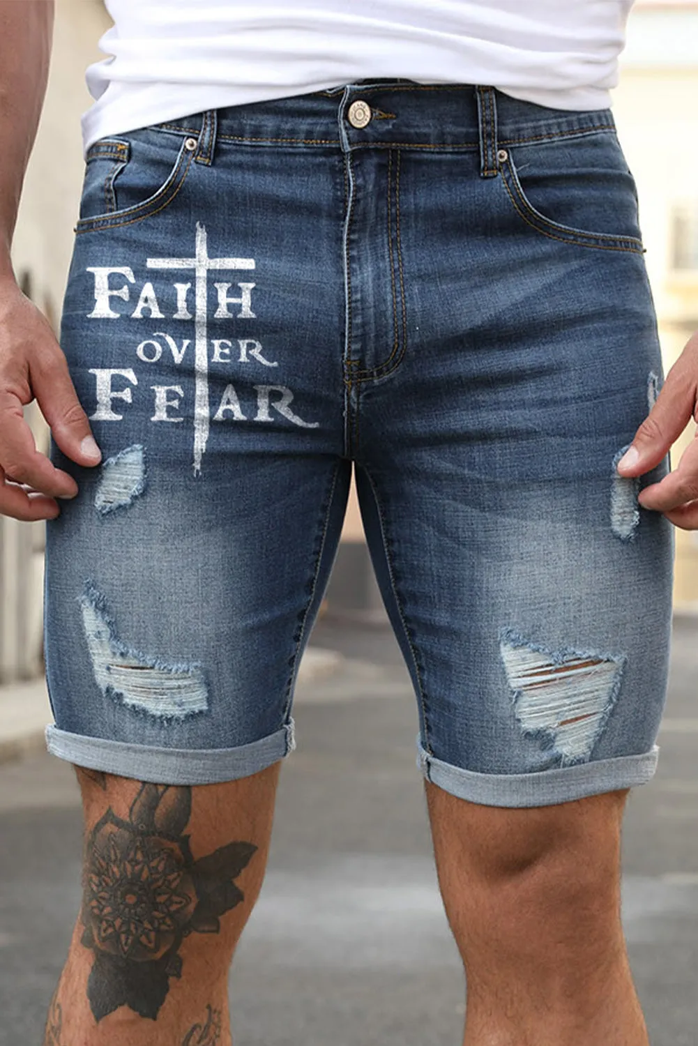 Blue Faith Over Fear Cross Print Distressed Men's Denim Shorts