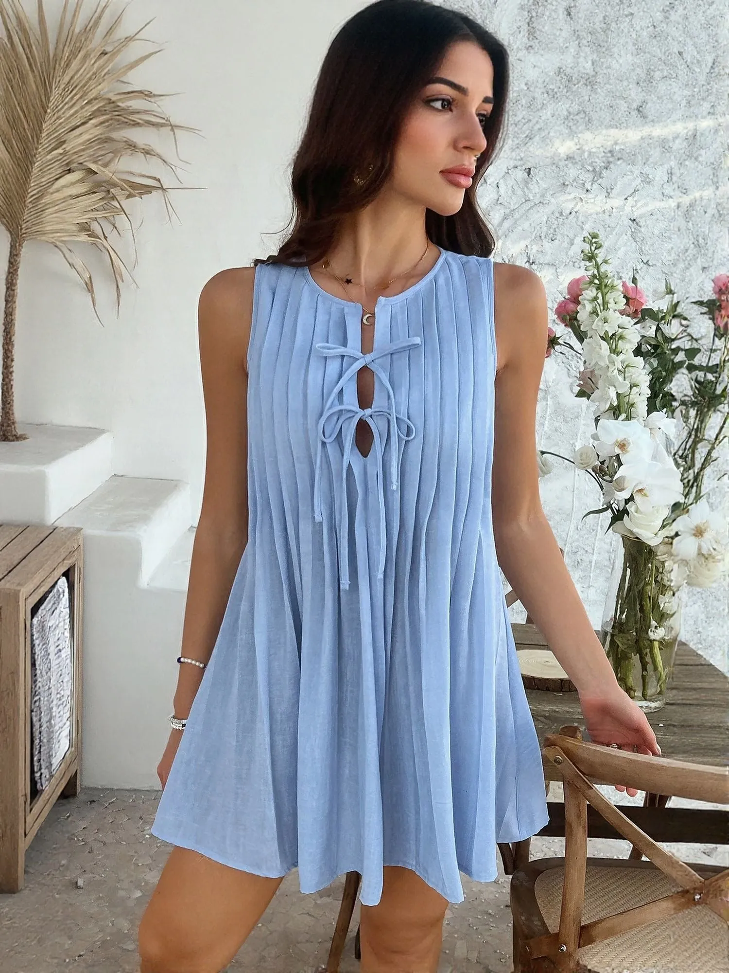 Blue Pleated Sleeveless Mini Dress