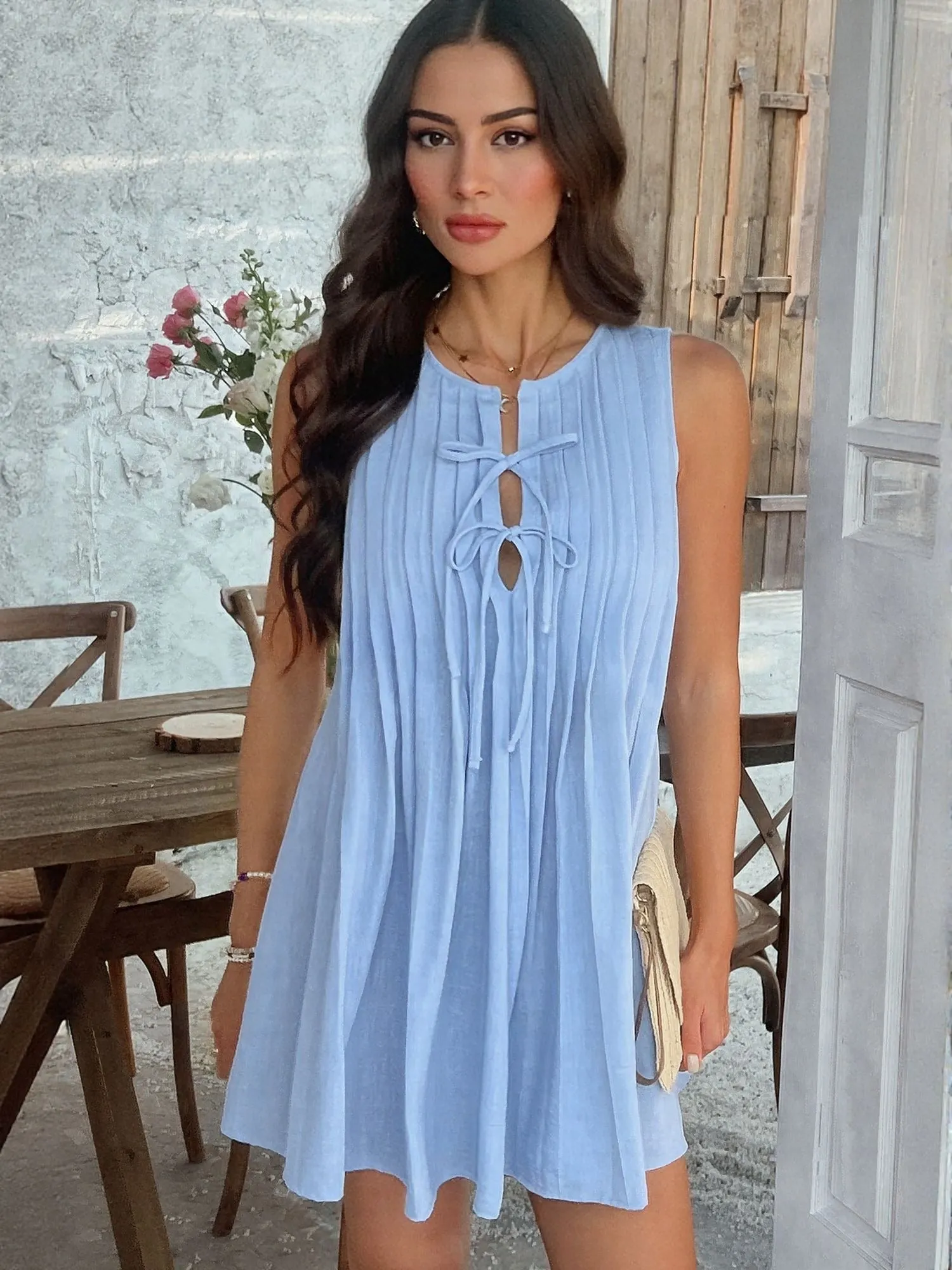 Blue Pleated Sleeveless Mini Dress
