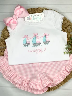 Bow Sailboat Trio Ruffled Shorts & Shirt Set