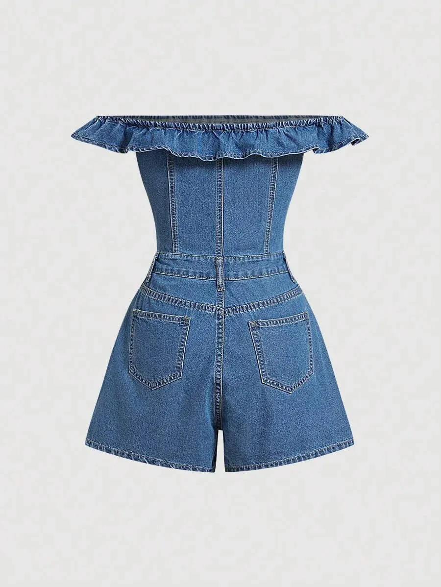 Daniela Casual Denim Shirt – High Waist Off Shoulder – Blue