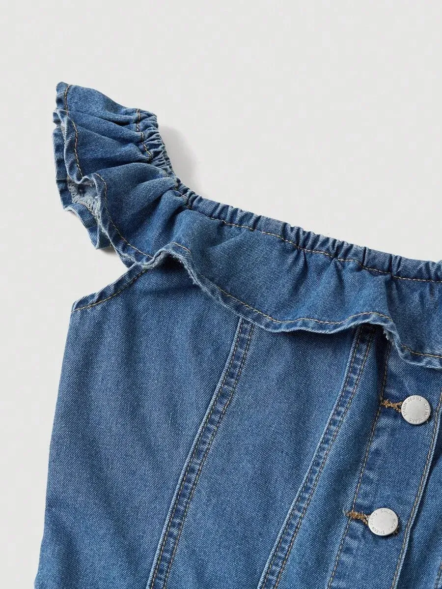Daniela Casual Denim Shirt – High Waist Off Shoulder – Blue