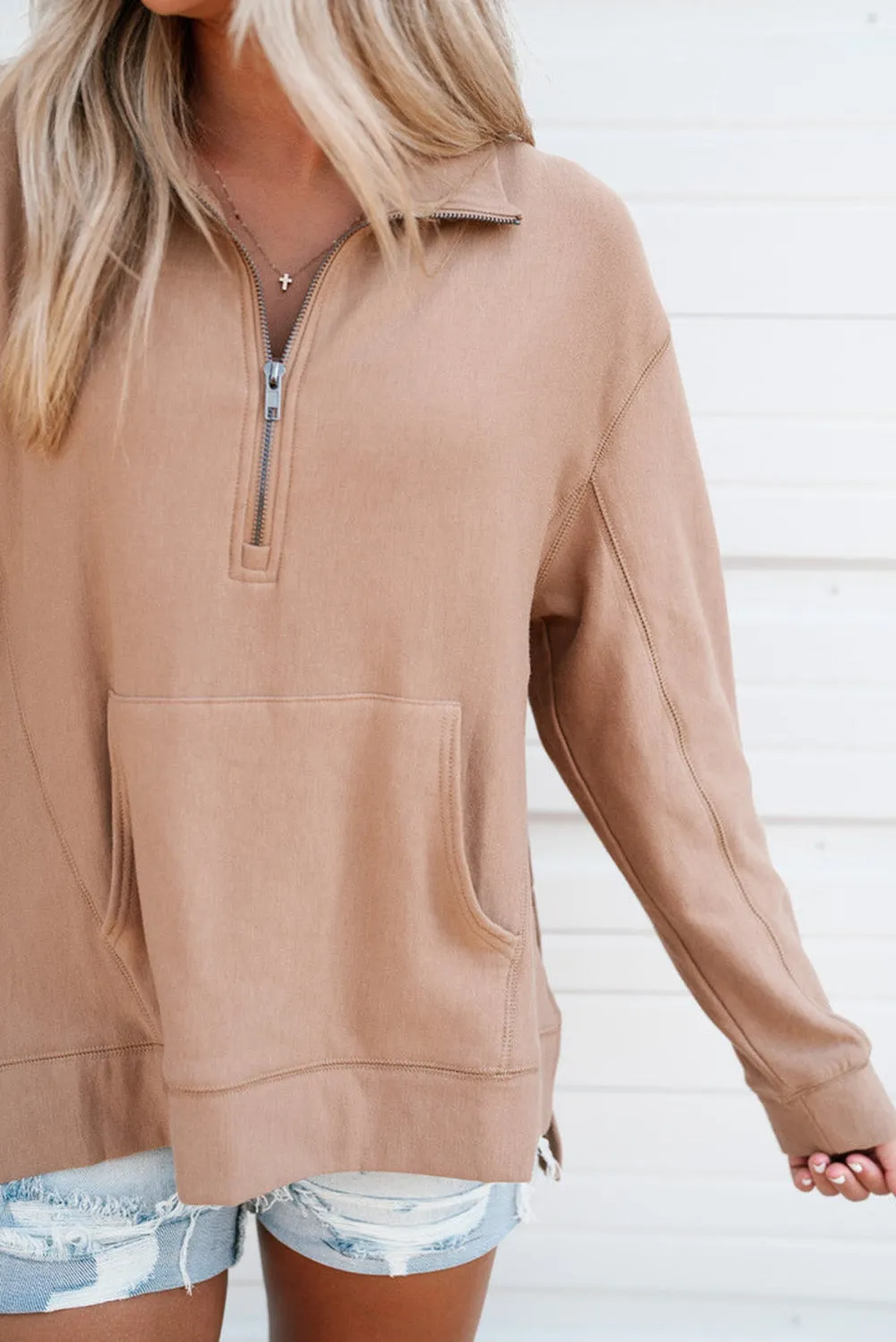 Flaxen Solid Drop Shoulder Quarter Zip Sweatshirt