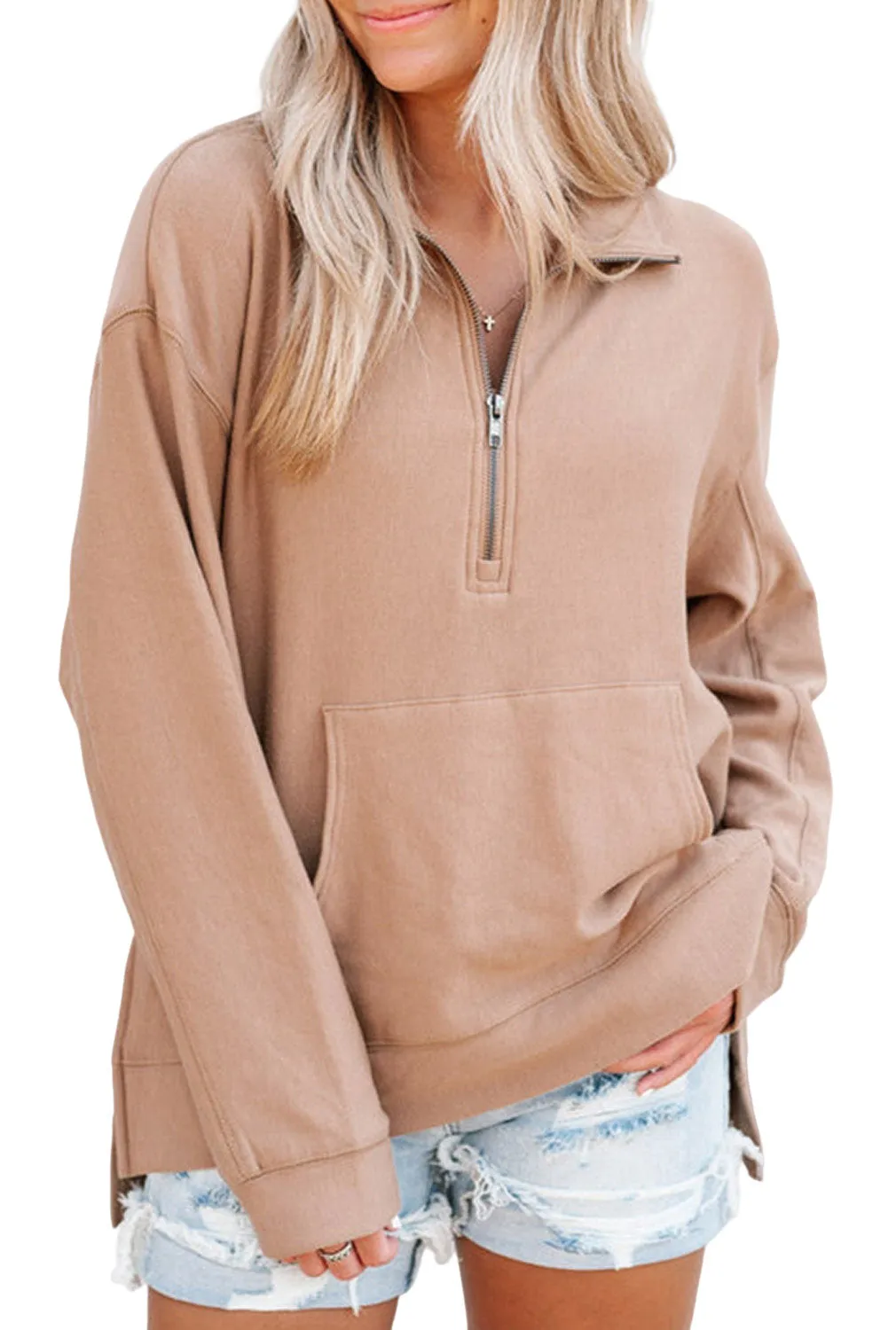 Flaxen Solid Drop Shoulder Quarter Zip Sweatshirt