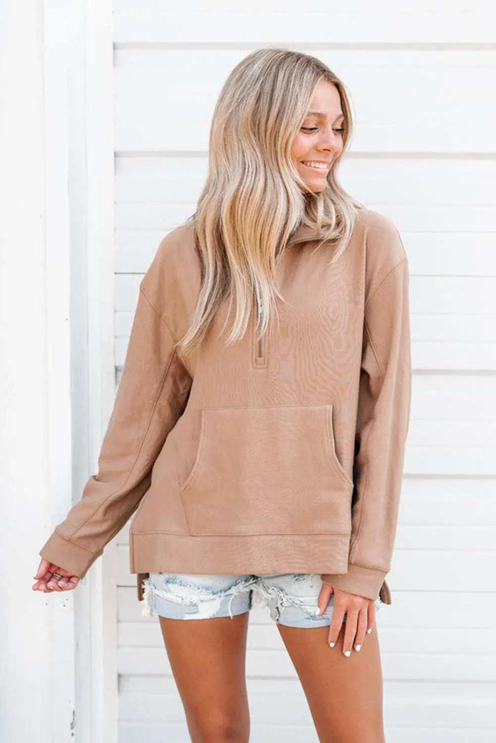 Flaxen Solid Drop Shoulder Quarter Zip Sweatshirt