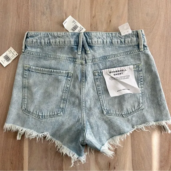 Good American Shorts Size 10/30 Bombshell Denim Jean Fringe Hem NWT $119