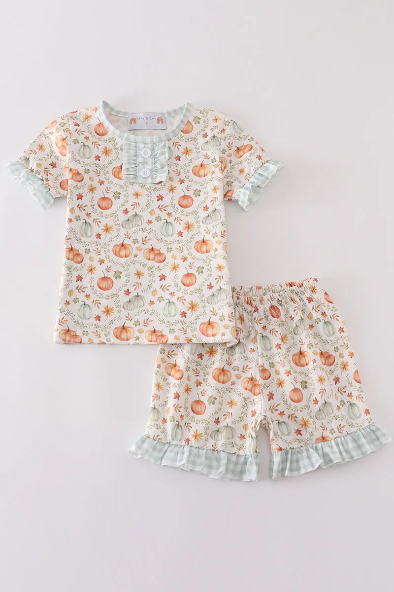 Green Pumpkin Print Girl Ruffle Shorts Set