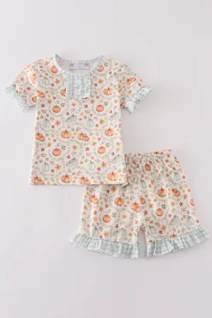 Green Pumpkin Print Girl Ruffle Shorts Set