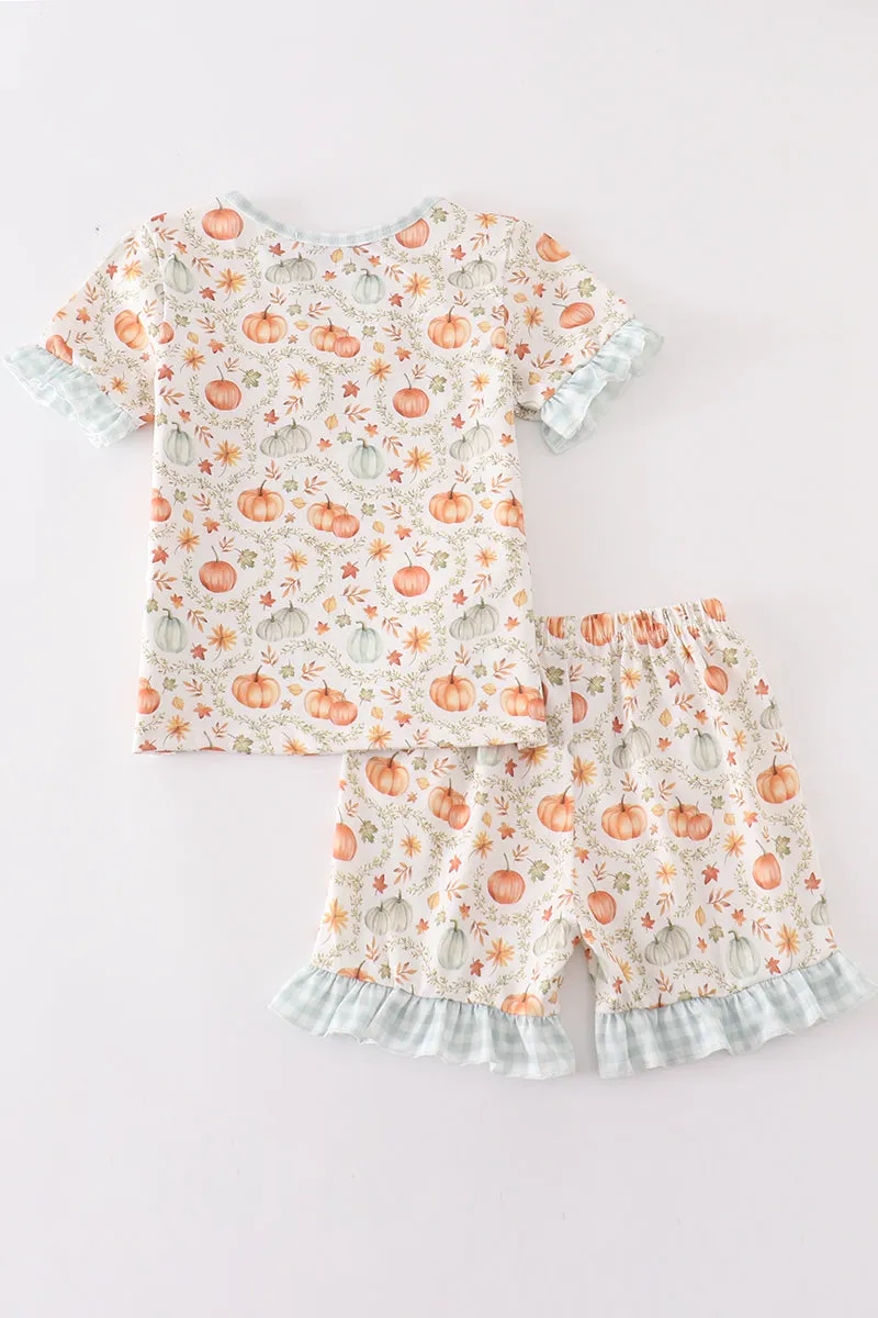 Green Pumpkin Print Girl Ruffle Shorts Set