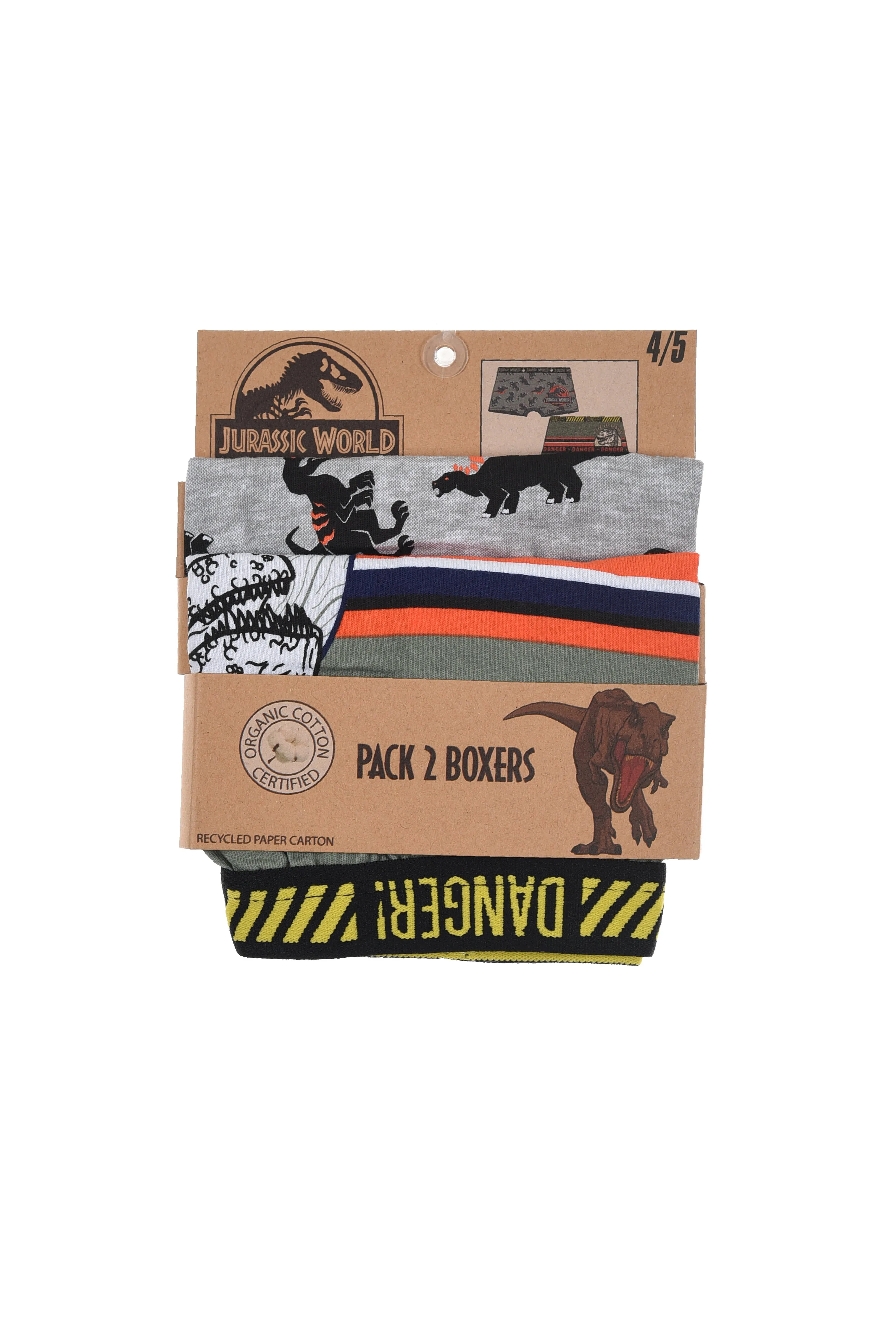 Jurassic World Organic Cotton Boys Boxer Shorts 2Pk Khaki