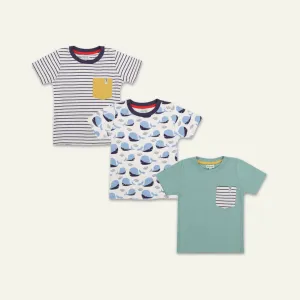 Multicoloured Whale, Stripe Print And Plain T-Shirts - 3 Pack