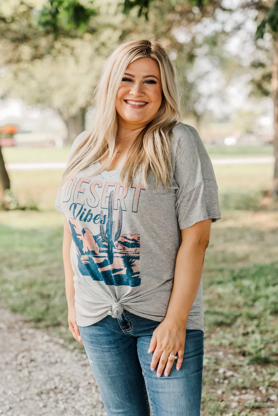 "Desert Vibes" Landscape Graphic Top- Grey