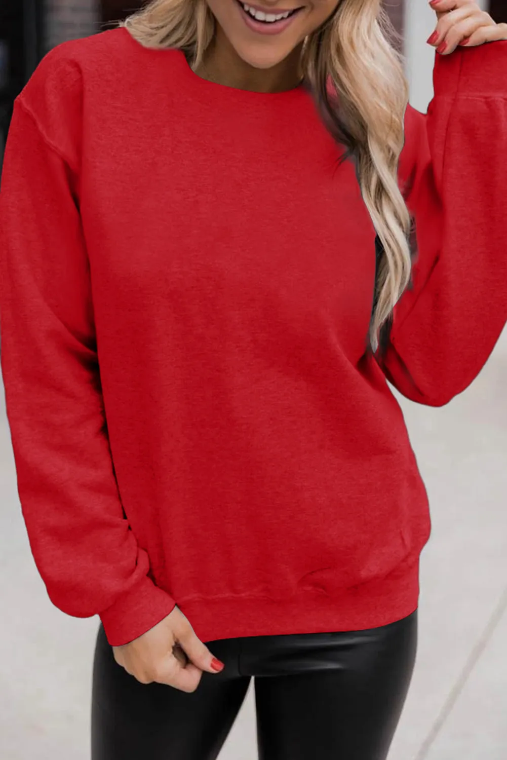 Red Solid Color Crewneck Pullover Sweatshirt
