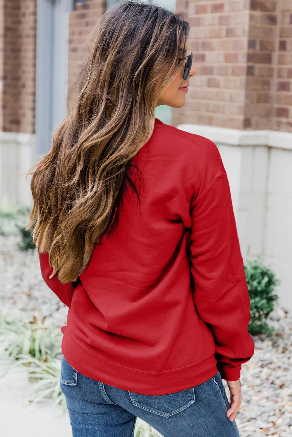 Red Solid Color Crewneck Pullover Sweatshirt
