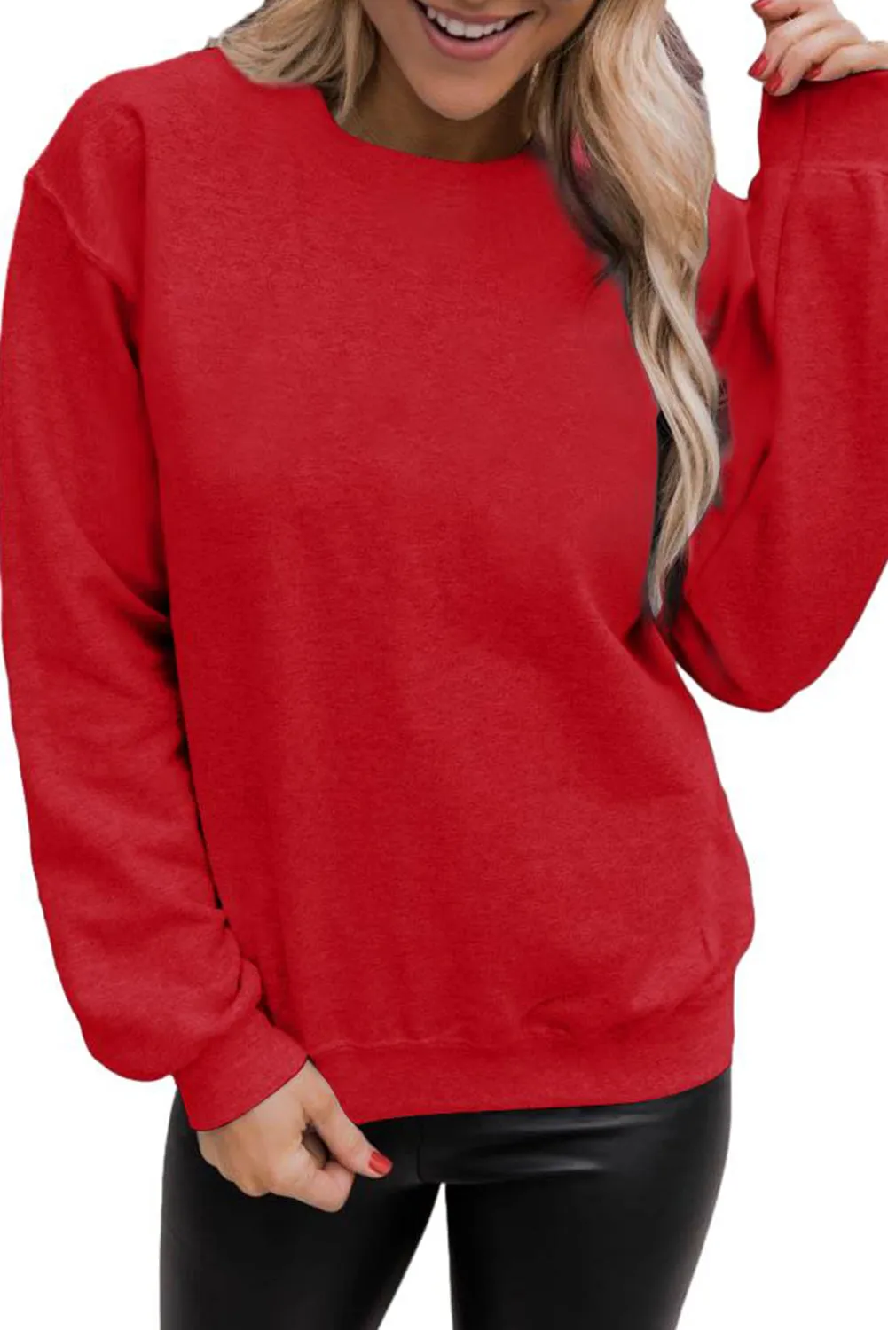Red Solid Color Crewneck Pullover Sweatshirt