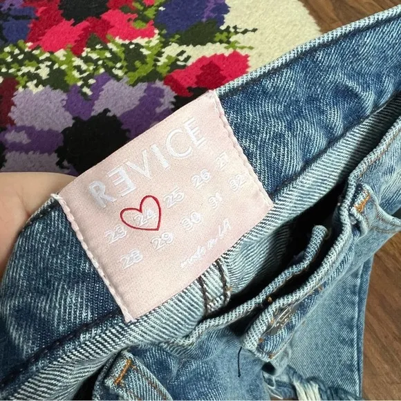 Revice Medium Wash Distressed Button Fly Knee Length Denim Jean Shorts Size 24