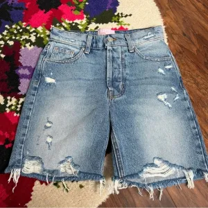 Revice Medium Wash Distressed Button Fly Knee Length Denim Jean Shorts Size 24