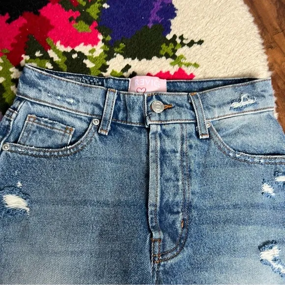 Revice Medium Wash Distressed Button Fly Knee Length Denim Jean Shorts Size 24
