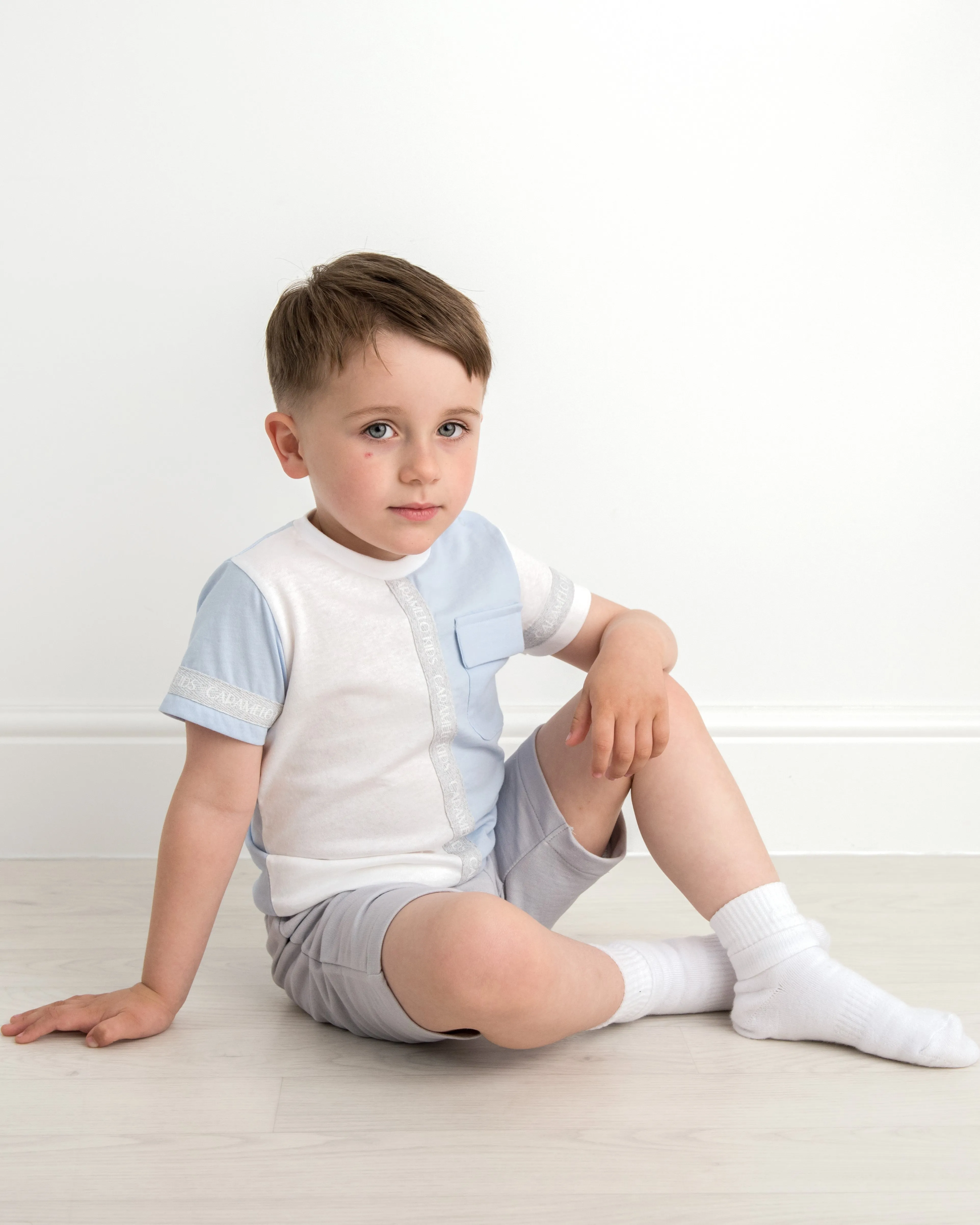Sky Blue Two Tone Pocket Shorts Set