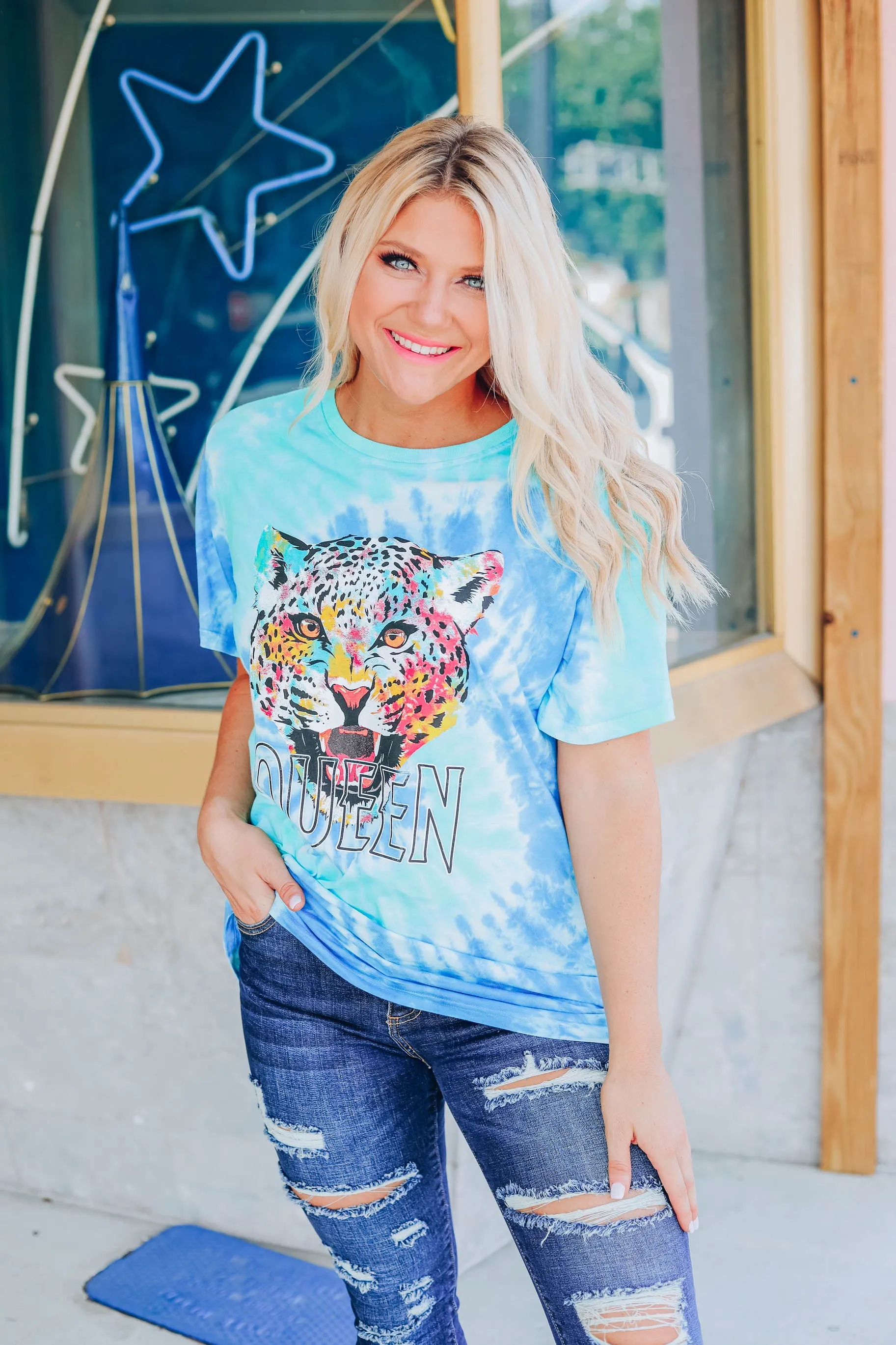 Tie Dye Leopard Queen  - Green/Blue