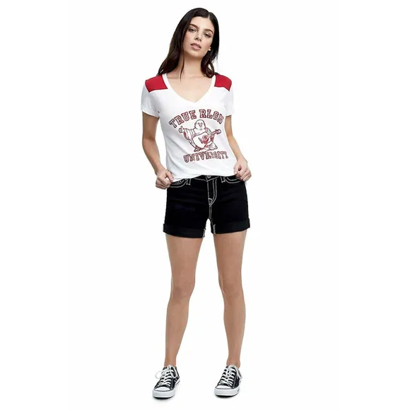 True Religion Women's Mid Roll Up Big T Shorts