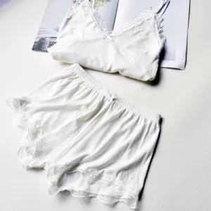 Two Piece Pajama Set With Lace - Strapless Top and Shorts