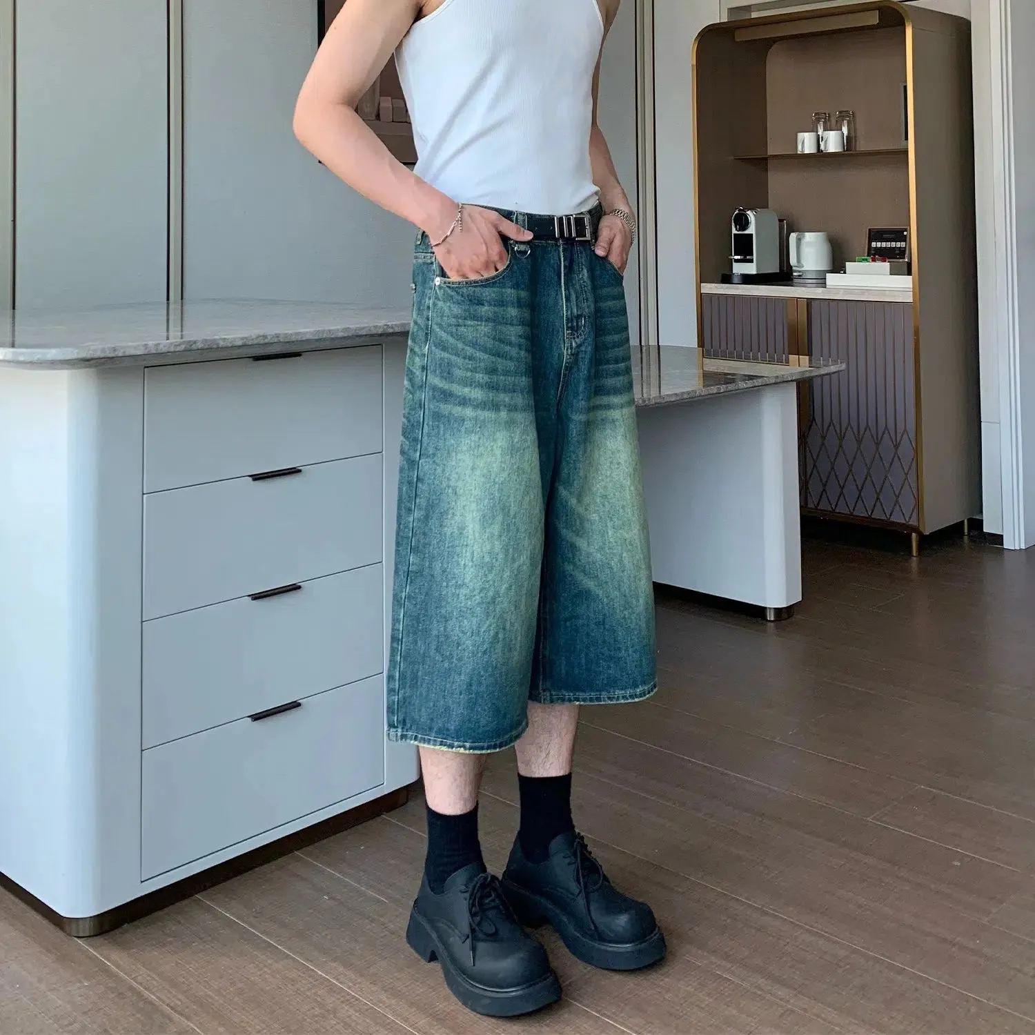 Wide-leg Mid-length Denim Shorts