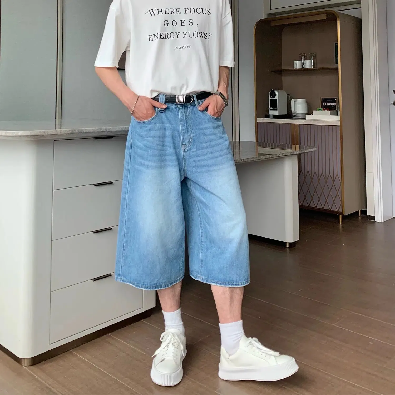 Wide-leg Mid-length Denim Shorts