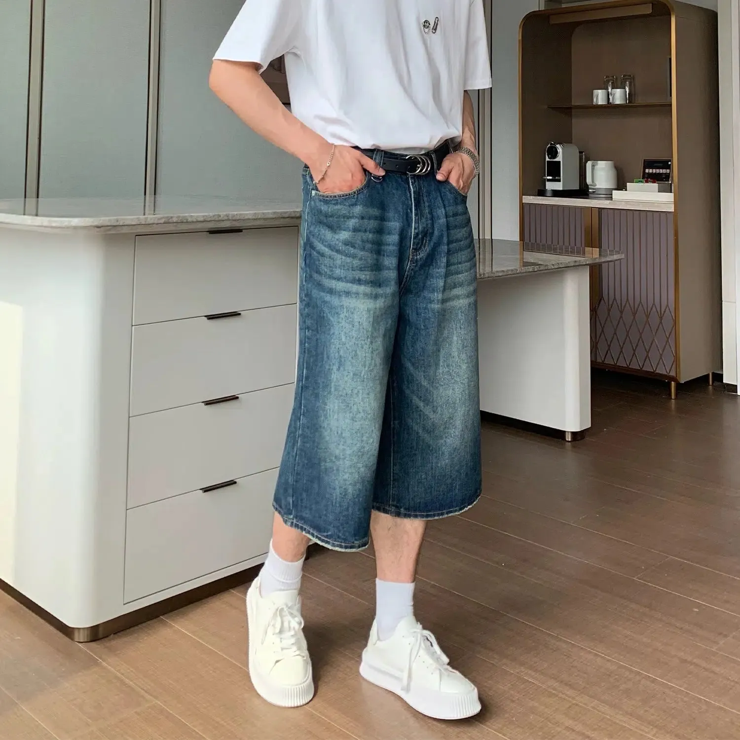 Wide-leg Mid-length Denim Shorts