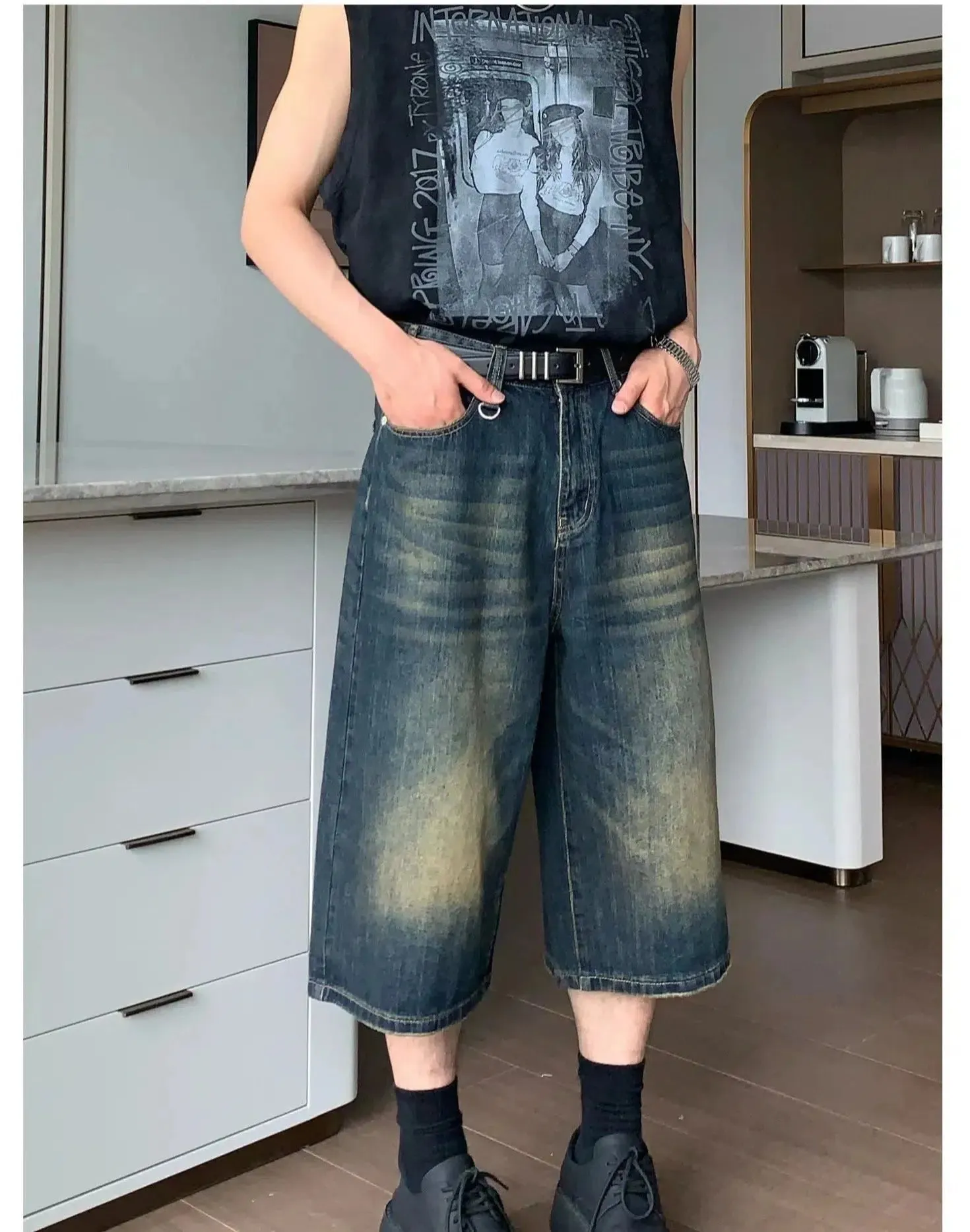 Wide-leg Mid-length Denim Shorts