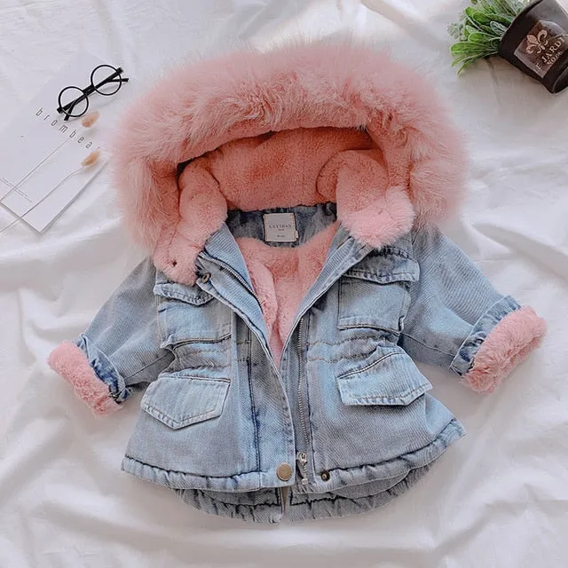 Winter Denim Jacket Plus Velvet Real Fur Warm Toddler Girl Outerwear Coat