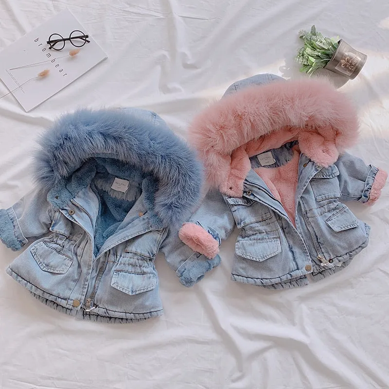 Winter Denim Jacket Plus Velvet Real Fur Warm Toddler Girl Outerwear Coat