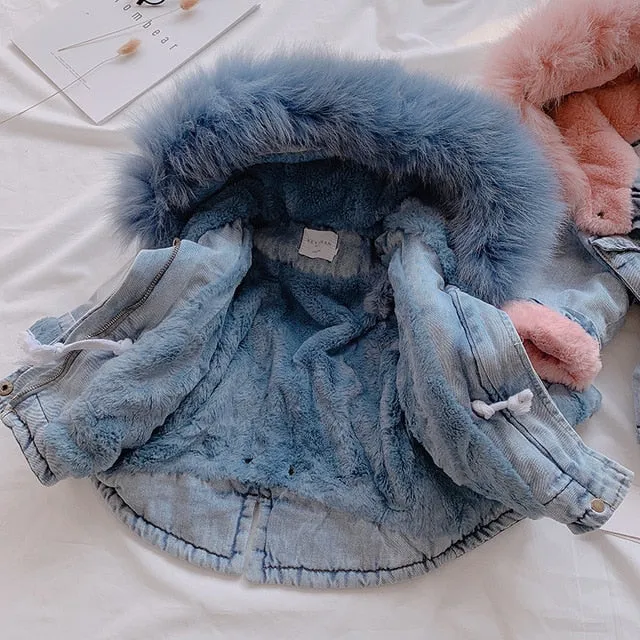 Winter Denim Jacket Plus Velvet Real Fur Warm Toddler Girl Outerwear Coat