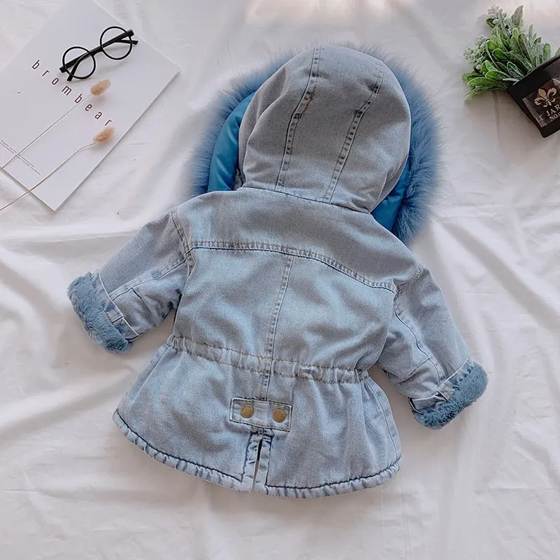 Winter Denim Jacket Plus Velvet Real Fur Warm Toddler Girl Outerwear Coat