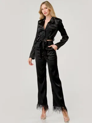 WOMEN'S LONG SLEEVE BLAZER & FEATHER DETAILED PANTS 2PC. SET